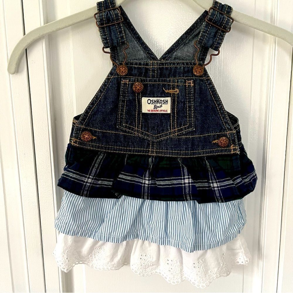 OshKosh B'Gosh Baby Girl 3 Tier Denim, Pinstripe, Eyelet Jumper Dress 9 months